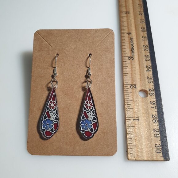 Stained Glass Look Teardrop Dangle Earring Acrylic Floral Art Design Lightweight - Picture 2 of 4